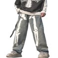 thumbnail image 1 of FNNMNNR Womens Men Halloween Y2K Baggy Jeans High Waist Wide Leg Demin Pants Skeleton Print Jeans Loose Black Jean Pants Streetwear, 1 of 5