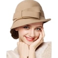 thumbnail image 1 of FNNMNNR Womens Solid Color Bucket Hat Casual Lady Bowler Hat 100% Wool Winter Cap Cloche with Bow Accent Red, 1 of 5