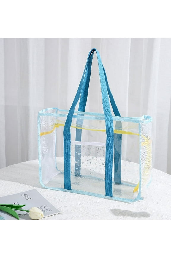 Clear Tote Bag - Zipper Closure, Long Shoulder Strap, Fabric Trimming. (Blue)