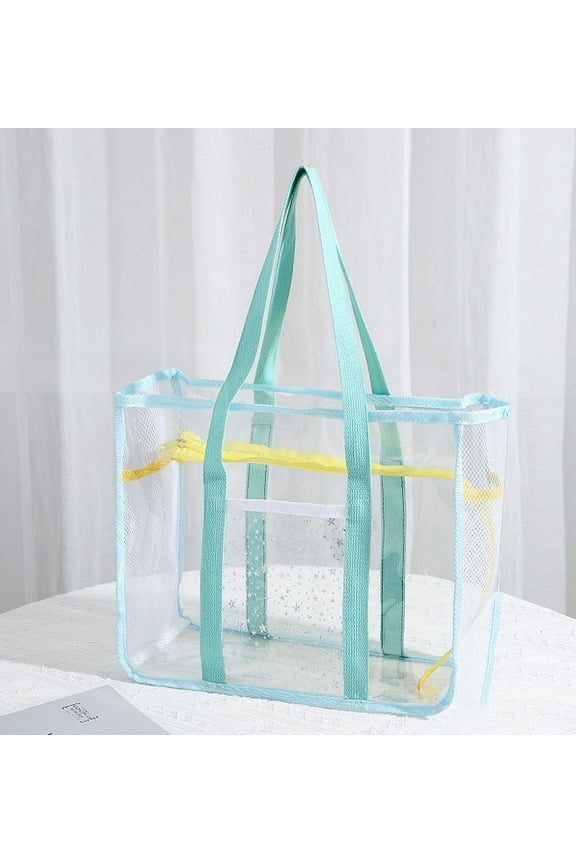 Clear Tote Bag - Zipper Closure, Long Shoulder Strap, Fabric Trimming. (Green)