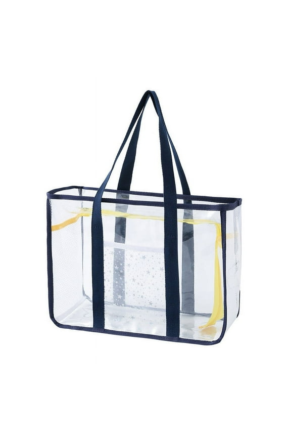 Clear Tote Bag - Zipper Closure, Long Shoulder Strap, Fabric Trimming. (Navy)