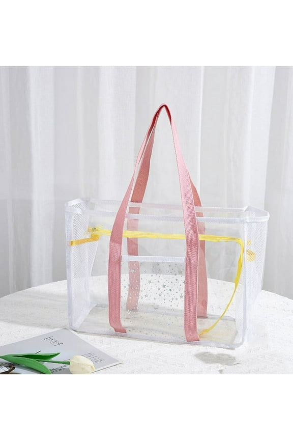 Clear Tote Bag - Zipper Closure, Long Shoulder Strap, Fabric Trimming. (Pink)
