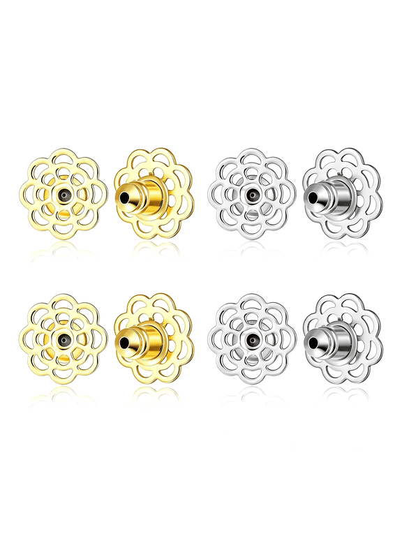 8Pcs 14K Gold and White Gold Plated Earring Backs for Droopy Ears Flower Shape Tight Locking Earring Backs for Heavy Earrings Studs Large Pierced Lifter Backings