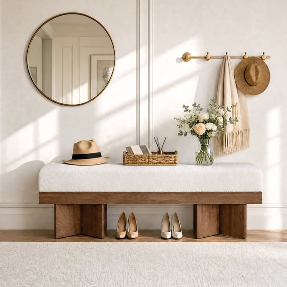 FNOVA 55" Faux Lamb Wool Upholstered Bench with X-Base, Farmhouse Entryway Bench for Living Room Bedroom