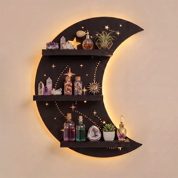 FNYDOX Crescent Moon Shelf with LED Light, Trinket Display Shelf & Moon Wall Light for Rocks Gems Healing Stones Crystals Display, Celestial Decor Crystal Holder Witchy Wall Decor