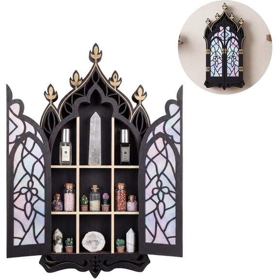 FNYDOX Gothic Witchy Crystal Shelf for wall, Gem Stone Rock Storage Holder Trinkets Organizer Shelf with Door, Wiccan Decor Spiritual Gift for Home Bedroom Living Room