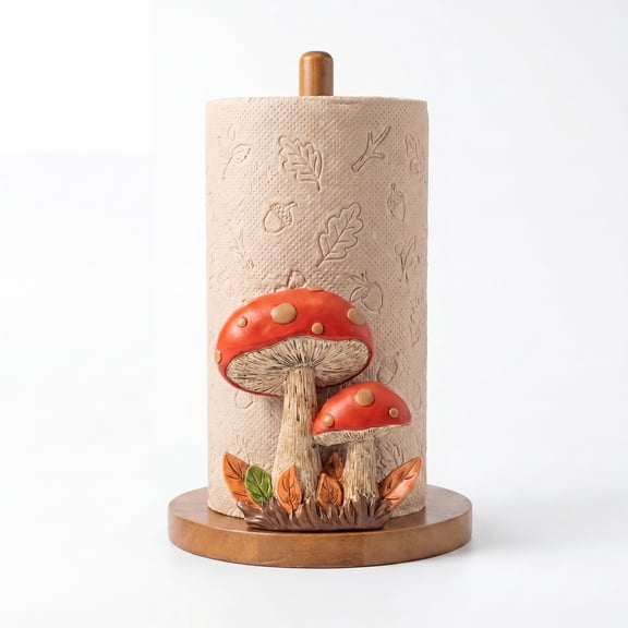 FNYDOX Mushroom Paper Towel Holder for Countertop, Cottage Core Rustic Wooden Paper Towel Holder with Vintage Forest Kitchen Decor, Decorative Mushroom Kitchen Accessory for Home