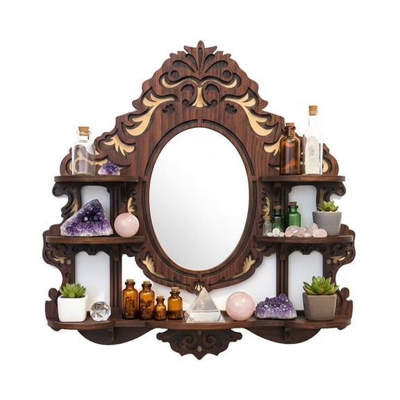 FNYDOX Witchy Room Decor Crystal Display Shelf with Mirror, Gothic Wooden Floating Wall Shelves for Essential Oils & Boho Altar Decor, Vintage Hanging Display Rack