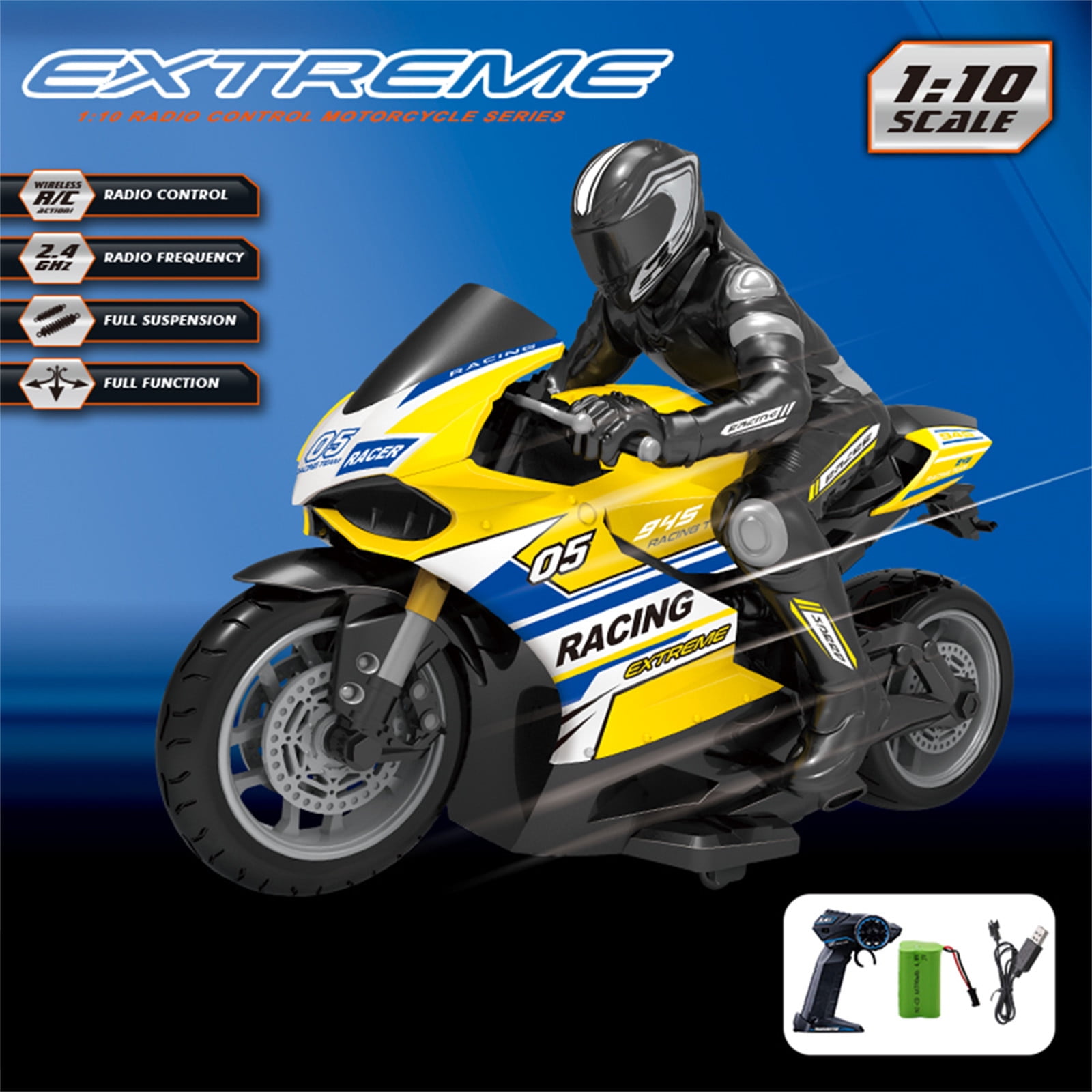 FNYOXU RC Stunt Motorcycle, 2.4G Remote Control with Rider Figure, 1:10 Scale, High-Speed Off-Road Drift, Shock-Resistant Racing Motorbike