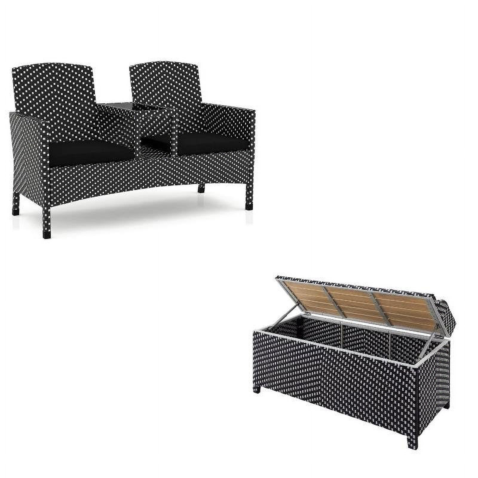 FOA Azur Black Aluminum & Wicker Patio Loveseat + Storage Bench Set of