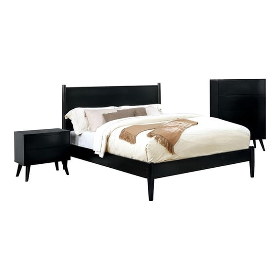 FOA Belkor 3-Piece Black Solid Wood Bedroom Set- King + Nightstand + Chest