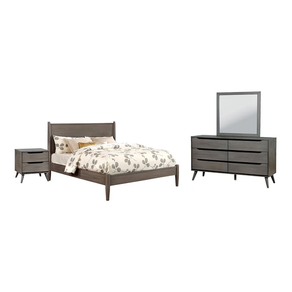 FOA Belkor 4pc Gray Wood Bedroom Set - Cal King+Nightstand+Dresser+Mirror
