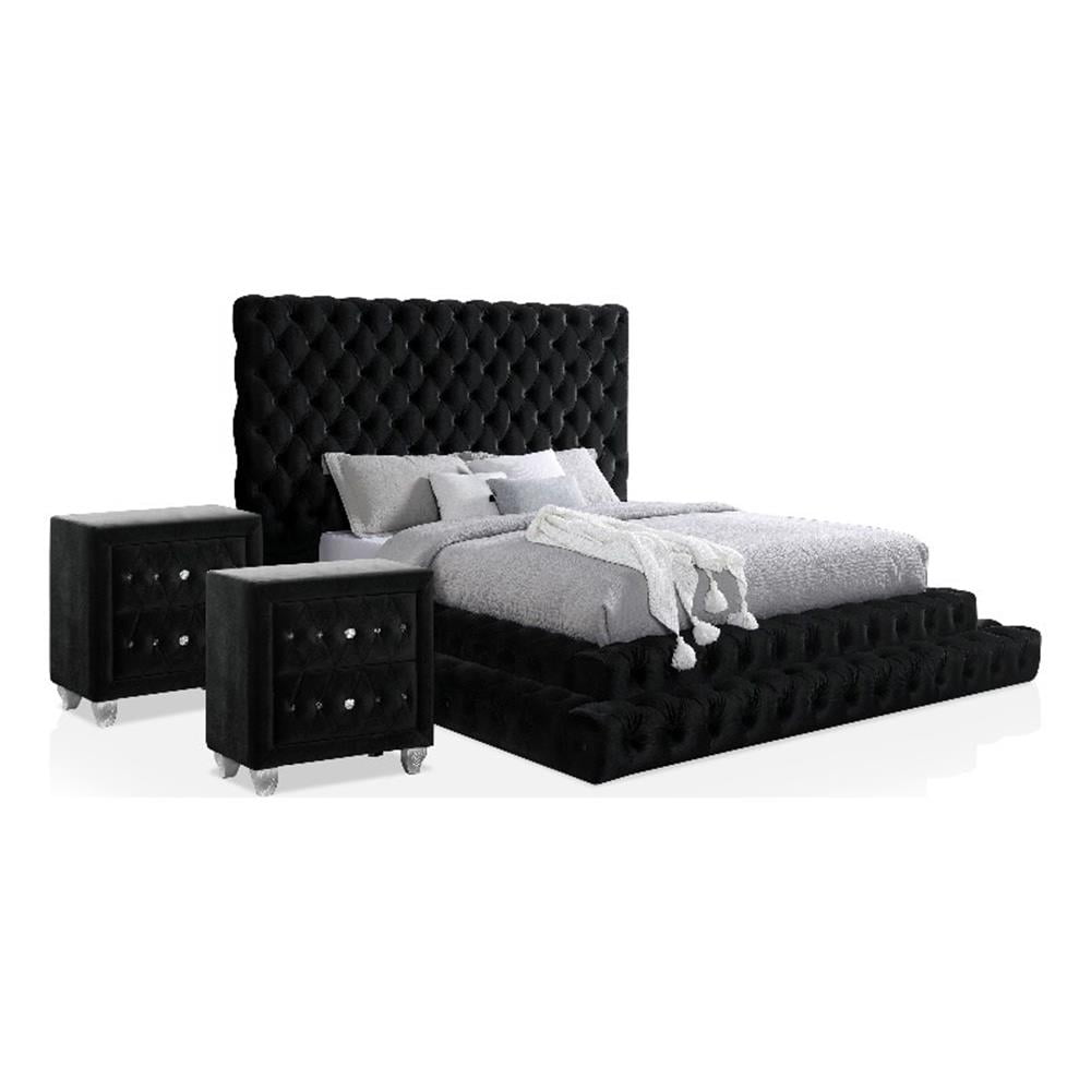 FOA Biron 3pc Black Fabric Upholstered Bedroom Set - Queen + 2 ...