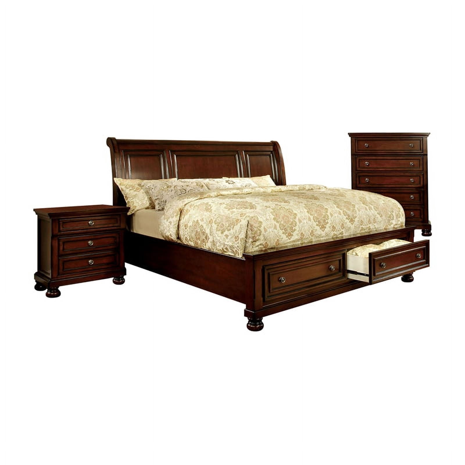 FOA Caiden 3pc Dark Cherry Wood Bedroom Set King + Nightstand + Chest