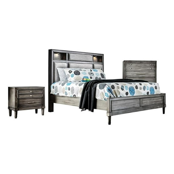 FOA Cartagena 3pc Gray Solid Wood Bedroom Set- Cal King + Nightstand + Chest