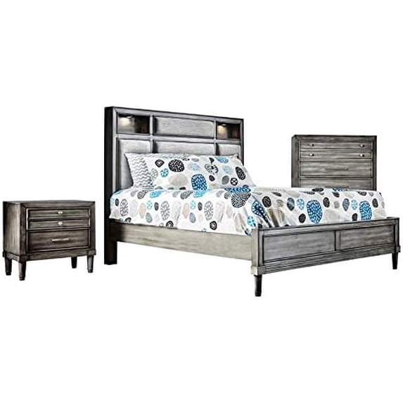 FOA Cartagena 3pc Gray Solid Wood Bedroom Set- King + Nightstand + Chest