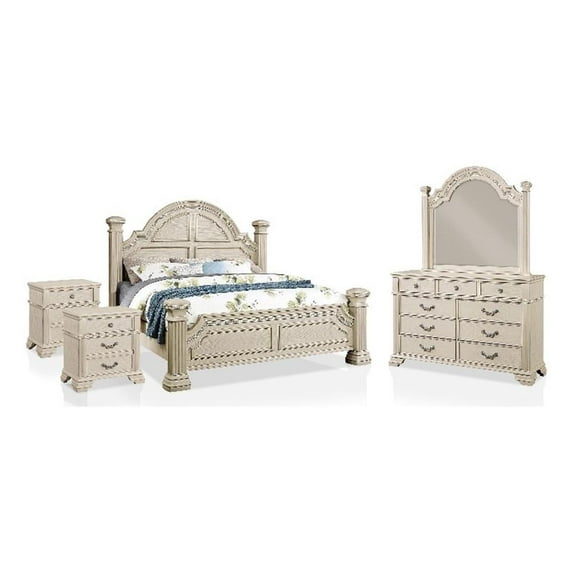 FOA Charo 5pc White Wood Bedroom Set-Queen + 2 Nightstands + Dresser + Mirror