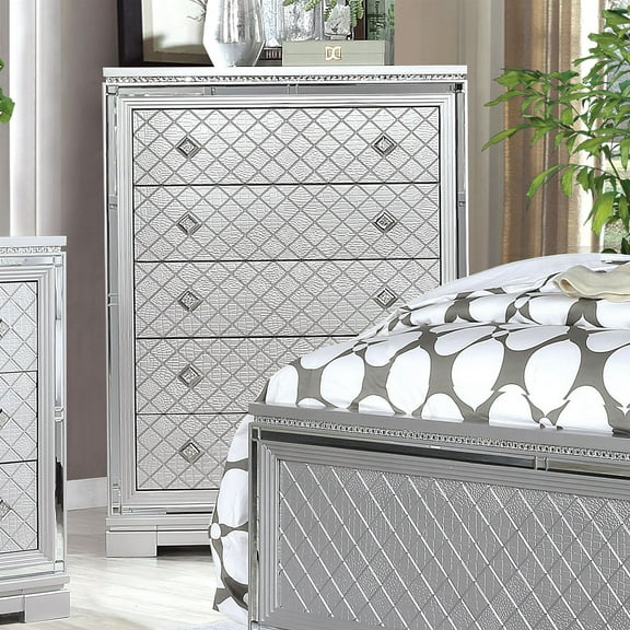 FOA Chid 5-Drawer Solid Wood Silver Chest with Ball-bearing Glides