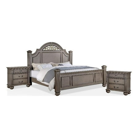 FOA Damos 3-Piece Gray Solid Wood Panel Bedroom Set - Queen + 2 Nightstands