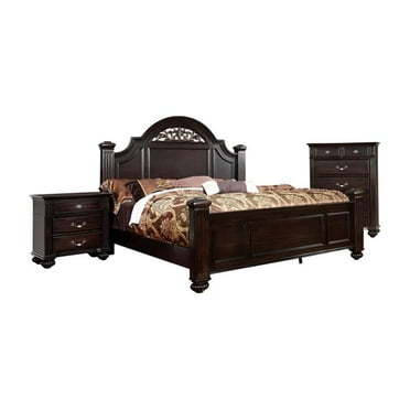 FOA Damos 3pc Dark Walnut Solid Wood Bedroom Set - Cal King + Nightstand + Chest