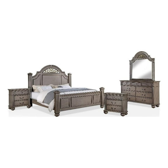 FOA Damos 5pc Gray Wood Bedroom Set - Cal King+2 Nightstands+Dresser+Mirror