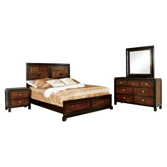 FOA Delia 4pc Walnut Wood Panel Bedroom Set - Queen+Nightstand+Dresser+Mirror