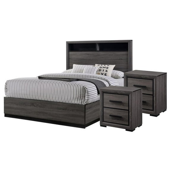 FOA Drummond 3-Piece Gray Wood Panel Bedroom Set - Queen + 2 Nightstands