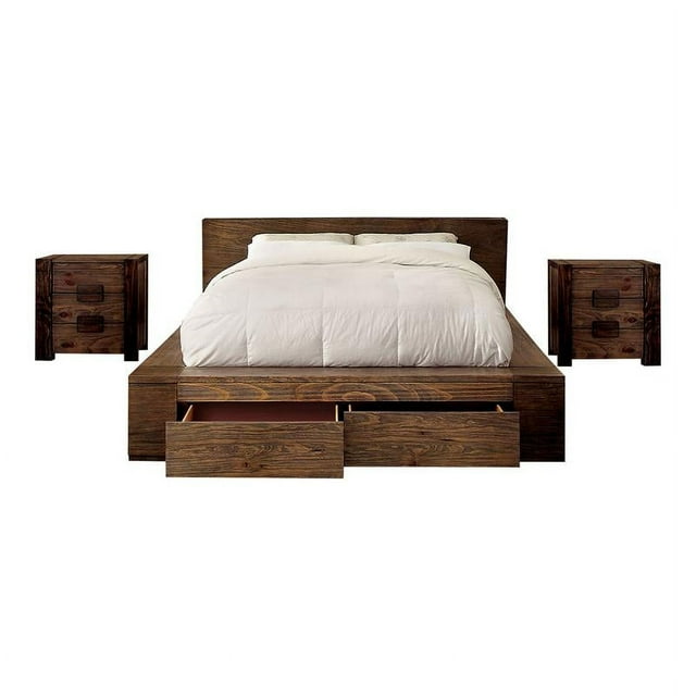 FOA Elbert I 3pc Natural Tone Solid Wood Bedroom Set - King + 2 Nightstands