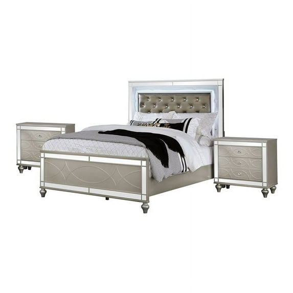 FOA Emegine 3-Piece Silver Wood Bedroom Set - Cal King + 2 Nightstands