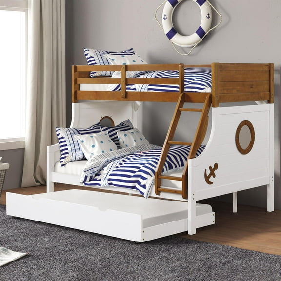 FOA Flivio 2pc Solid Wood Twin over Full Bunk Bed with Trundle Set in Oak