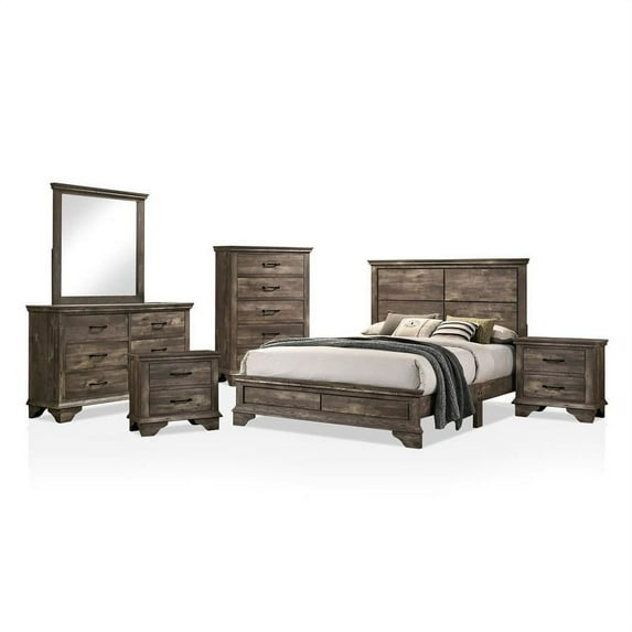 FOA Gafin 6pc Gray Wood Bedroom Set-King+2 Nightstands+Chest+Dresser+Mirror