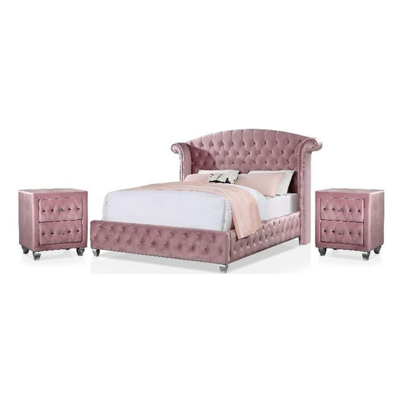 FOA Gijit 3-Piece Pink Fabric Wingback Bedroom Set - Full + 2 Nightstands
