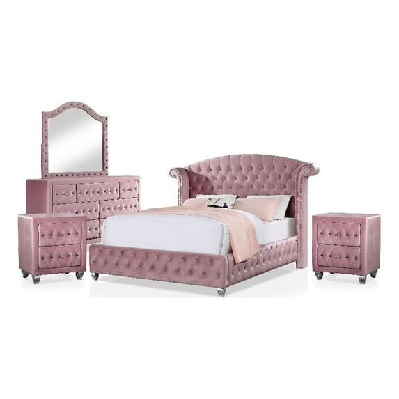 FOA Cyndi 5pc Pink Fabric Bed Set-Full+2 Nightstands+Dresser+Mirror+Care Kit