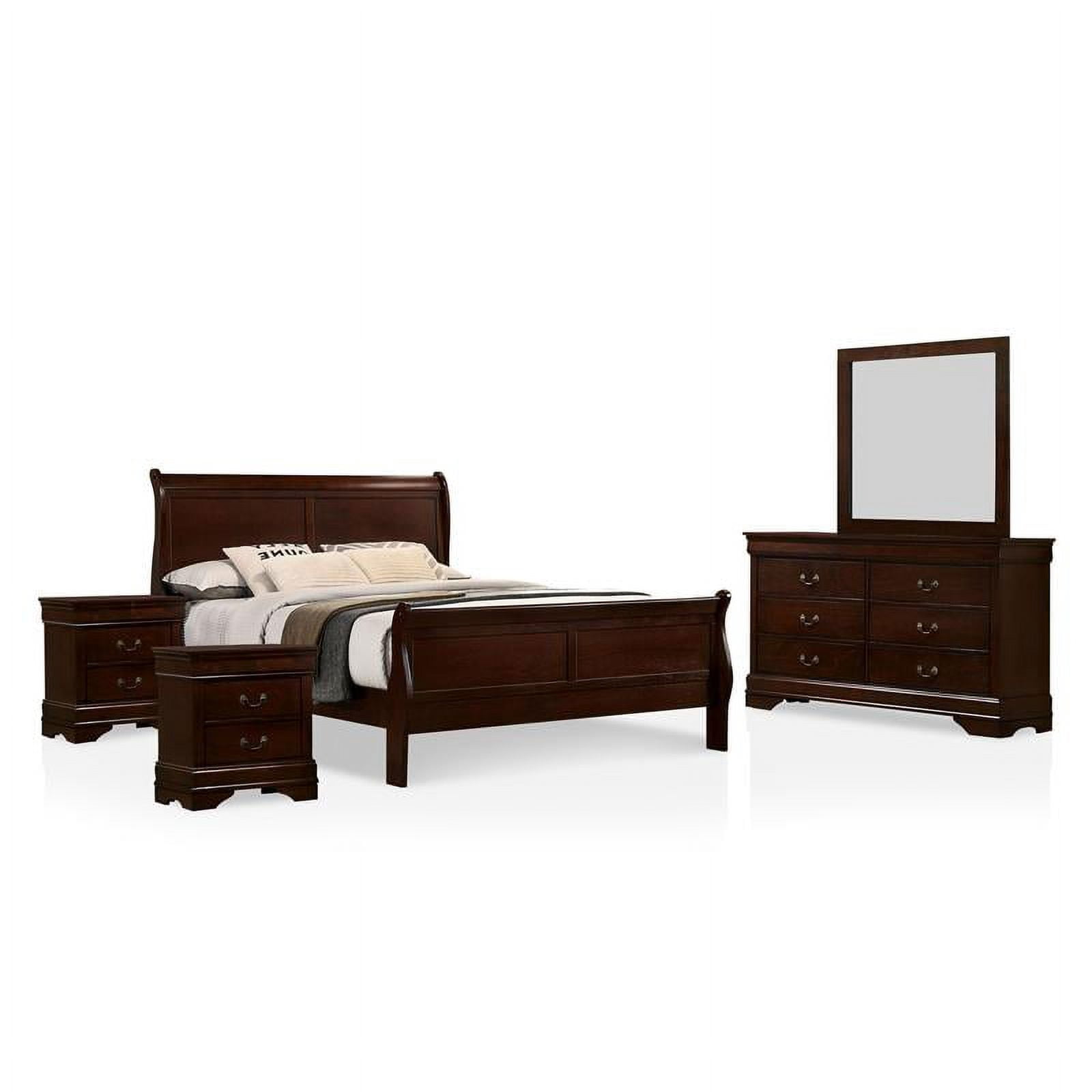 FOA Jussy 5pc Cherry Wood Bedroom SetKing+2 Nightstands+Dresser+Mirror
