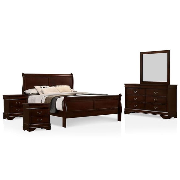 FOA Jussy 5pc Cherry Wood Bedroom Set-Twin+2 Nightstands+Dresser+Mirror