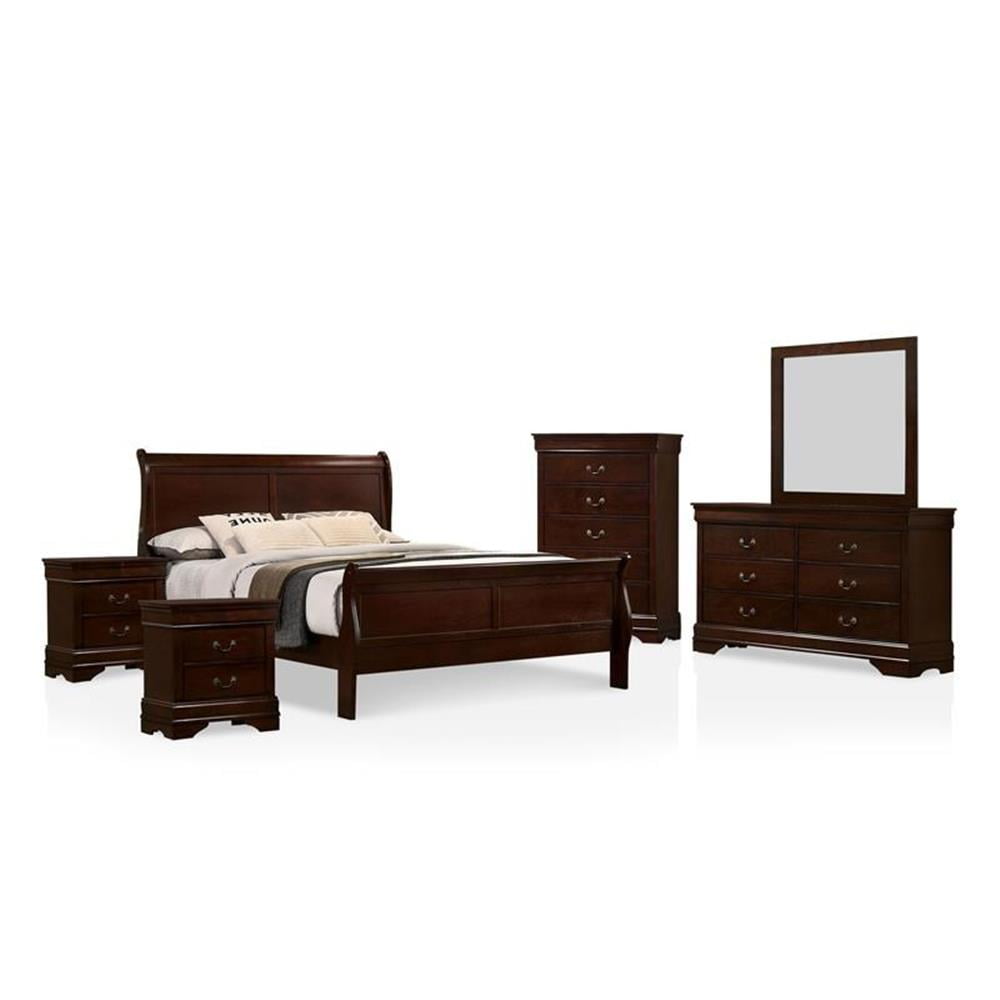 FOA Jussy 6pc Cherry Wood Bed Set-Full+2 Nightstands+Chest+Dresser ...