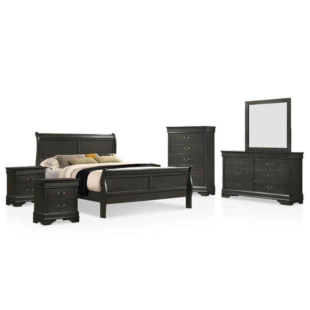 FOA Jussy 6pc Gray Wood Bed Set-King+2 Nightstands+Chest+Dresser+Mirror ...
