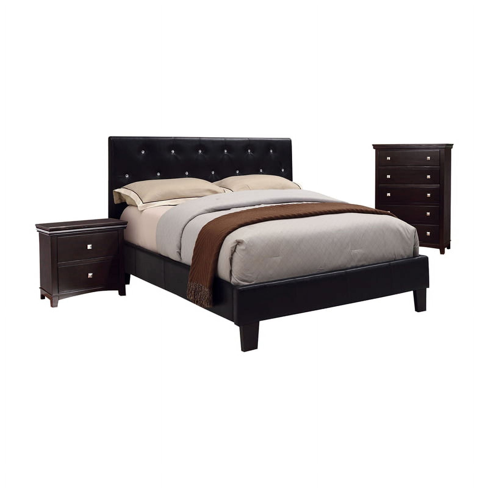 FOA Kylen 3pc Black Faux Leather Bedroom Set - Cal King + Nightstand ...