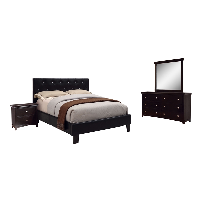 FOA Kylen 4pc Black Faux Leather Bedroom Set Full+Nightstand+Dresser