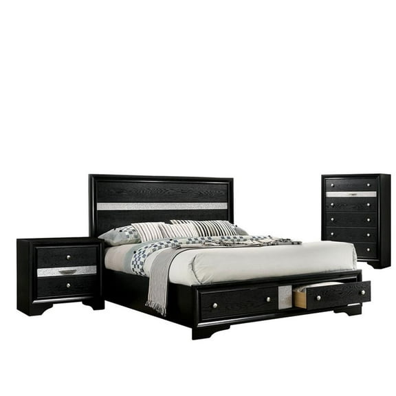 FOA Laren 3-Piece Black Wood Bedroom Set - King + Nightstand + Chest