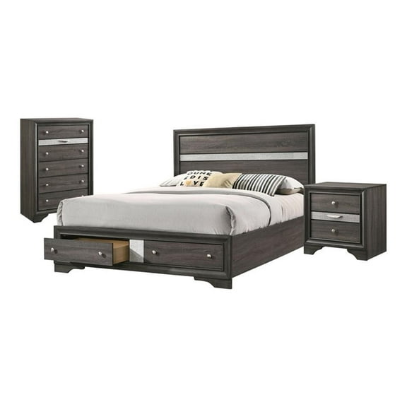 FOA Laren 3-Piece Gray Wood Bedroom Set - King + Nightstand + Chest