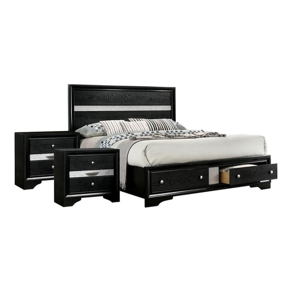 FOA Laren Contemporary 3-Piece Black Wood Bedroom Set - Queen + 2 Nightstands