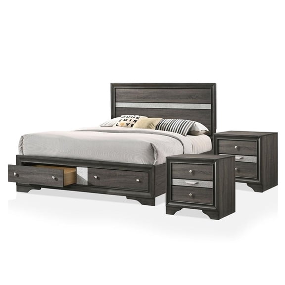 FOA Laren Contemporary 3-Piece Gray Wood Bedroom Set - Queen + 2 Nightstands