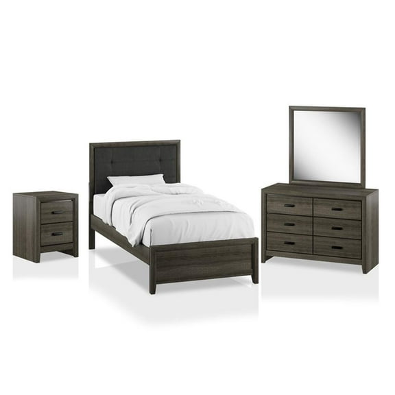 FOA Livorn 4-Piece Gray Wood Bedroom Set - Twin + Nightstand + Dresser + Mirror