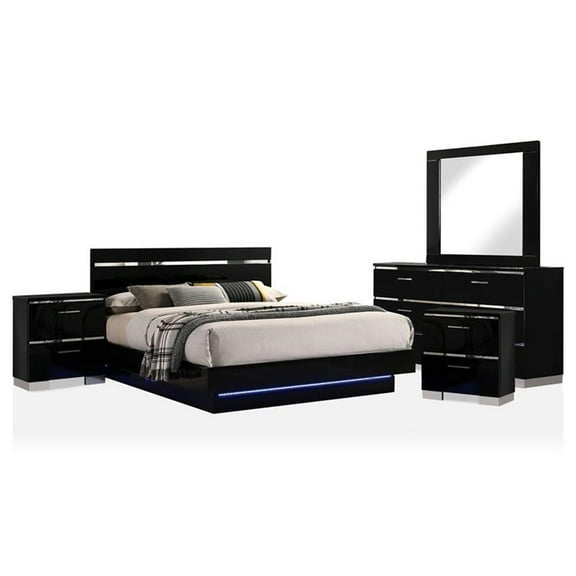 FOA Malva 5pc Black Wood Bedroom Set-Queen + 2 Nightstands + Dresser + Mirror
