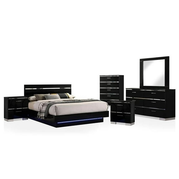 FOA Malva 6pc Black Wood Bedroom Set-Cal King+2 Nightstands+Chest+Dresser+Mirror