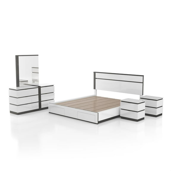 FOA Misti 5pc Wood White Storage Bed Set - Queen 2 Nightstands Dresser Mirror