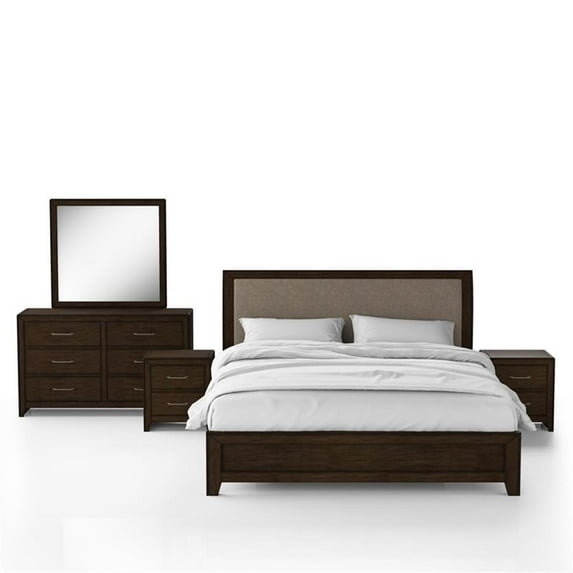 FOA Nimmo 5pc Walnut Wood Bed Set - King + 2 Nightstands + Dresser + Mirror