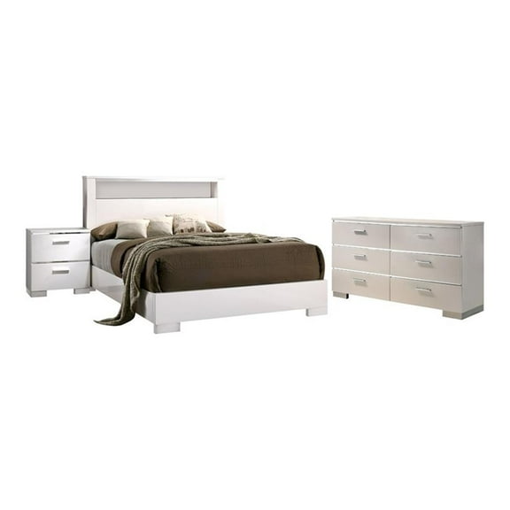 FOA Quaker Modern 3-Piece White Wood Bedroom Set - Queen + Nightstand + Dresser