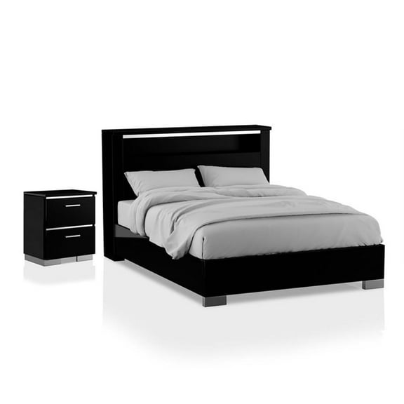 FOA Ryant Contemporary 2-Piece Black Wood Bedroom Set - Queen + Nightstand